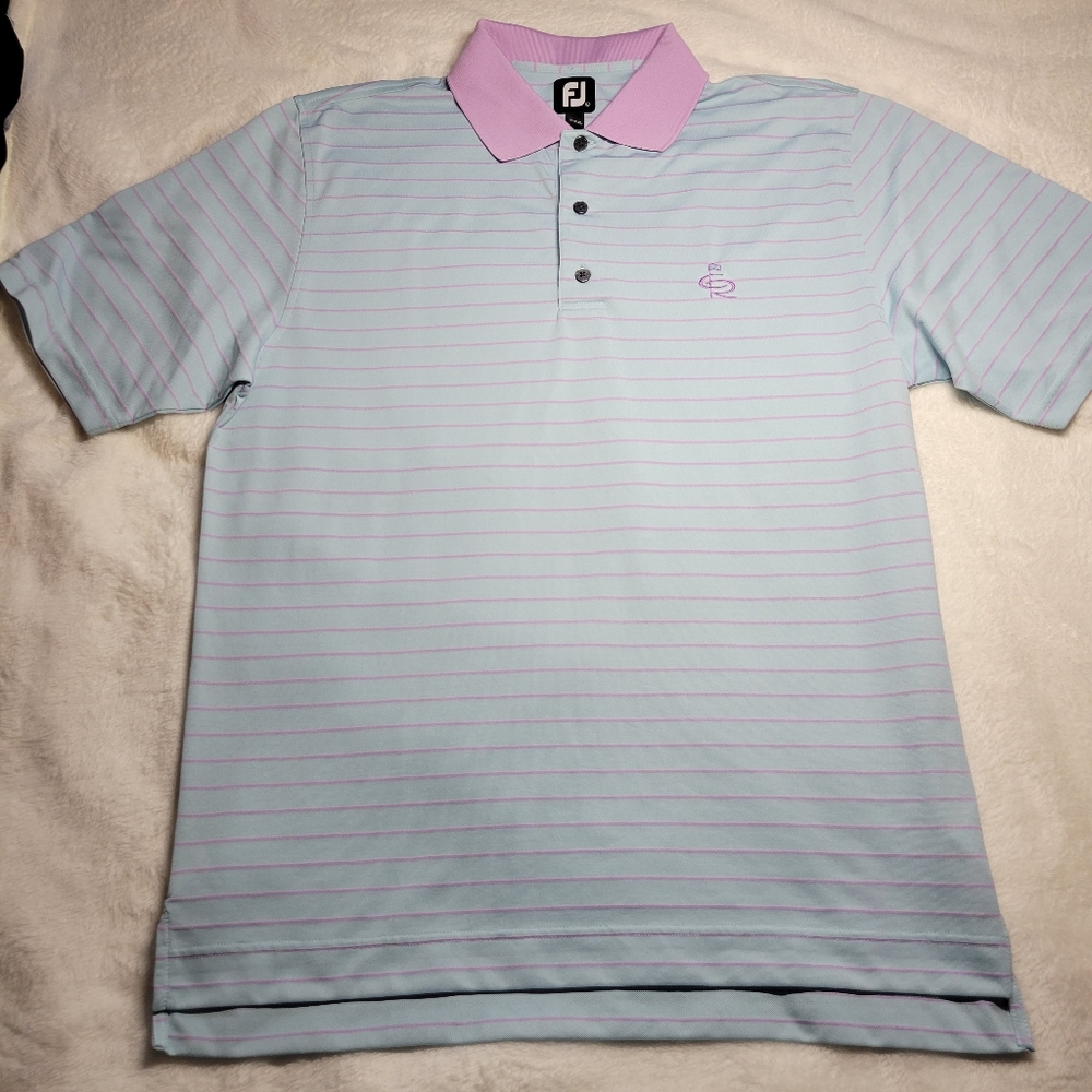 Footjoy Polo Shirt Mens Large Pink Blue Stripe Print Logo Golf Pink Collar